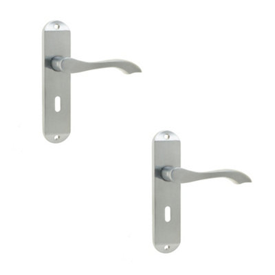 2 PACK Satin Chrome Suite Door Handle with Lockplate for Modern Interiors Interior Lever on Backplate