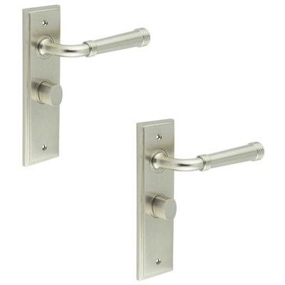 2 PACK Satin Nickel Bathroom Door Handle Backplate and Turn Release Mechanism - Solid Brass Interior Handle