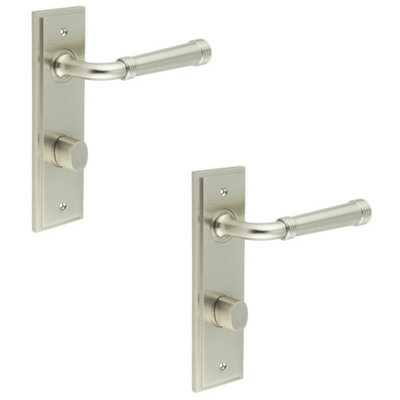 2 PACK Satin Nickel Bathroom Door Handle Backplate and Turn Release - Solid Brass Interior Handle