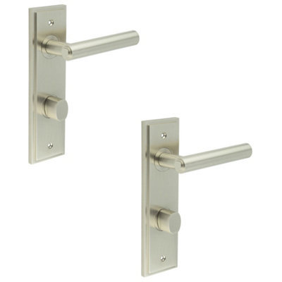 2 PACK Satin Nickel Bathroom Door Handle Backplate and Turn Release - Solid Brass Interior Lever