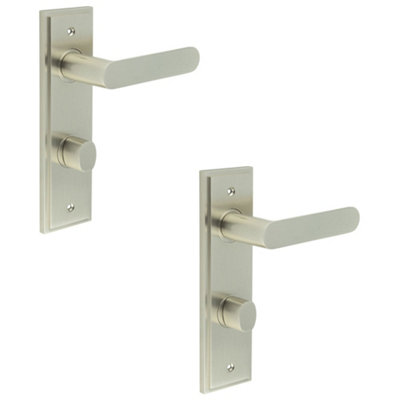 2 PACK Satin Nickel Bathroom Door Handle with Backplate and Turn & Release Mechanism - Solid Brass Interior Handle