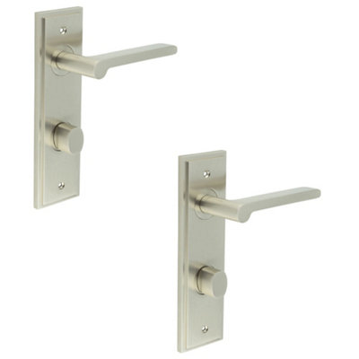 2 PACK Satin Nickel Bathroom Door Handle with Backplate and Turn & Release Mechanism - Solid Brass Internal Handle