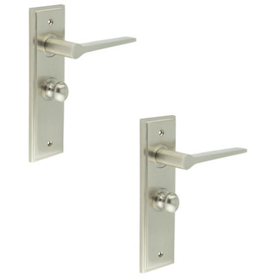 2 PACK Satin Nickel Bathroom Door Handle with Backplate and Turn Release Mechanism - Solid Brass WC Interior Handle