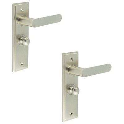 2 PACK Satin Nickel Bathroom Door Handle with Backplate and Turn Release - Solid Brass Handle