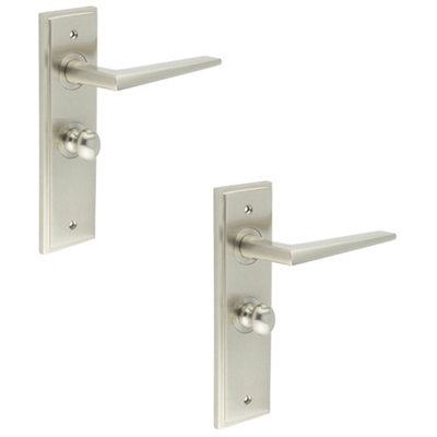 2 PACK Satin Nickel Bathroom Door Handle with Backplate and Turn Release Solid Brass Interior Handle