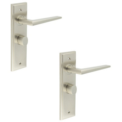 2 PACK Satin Nickel Bathroom Door Handle with Backplate and Turn Release Solid Brass - Interior Handle