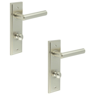 2 PACK Satin Nickel Bathroom Door Handle with Backplate and Turn Release Solid Brass Interior Lever
