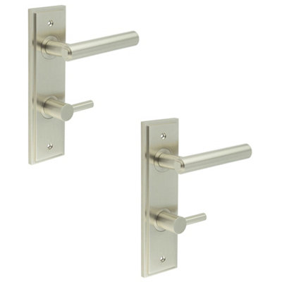 2 PACK Satin Nickel Bathroom Door Handle with Backplate and Turn Release - Solid Brass Interior Lever