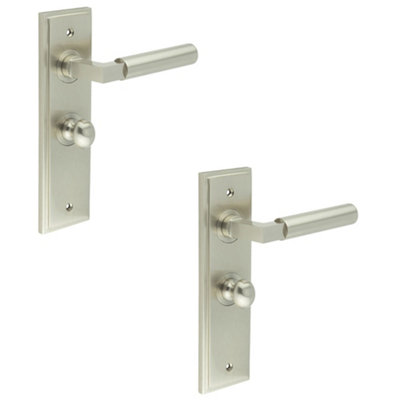 2 PACK Satin Nickel Bathroom Door Handle with Backplate and Turn Release - Solid Brass Interior Toilet Handle