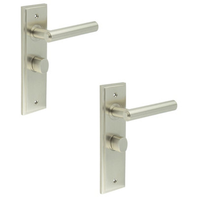 2 PACK Satin Nickel Bathroom Door Handle with Backplate and Turn Release - Solid Brass Interior Toilet Lever