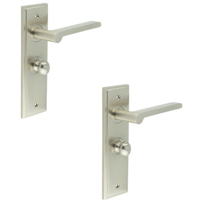 2 PACK Satin Nickel Bathroom Door Handle with Backplate and Turn Release Solid Brass Internal Handle