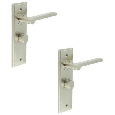 2 PACK Satin Nickel Bathroom Door Handle with Backplate and Turn Release Solid Brass - Internal Handle