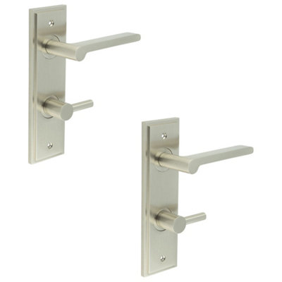 2 PACK Satin Nickel Bathroom Door Handle with Backplate and Turn Release - Solid Brass Internal Handle
