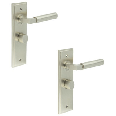 2 PACK Satin Nickel Bathroom Door Handle with Backplate and Turn Release - Solid Brass Toilet Interior Handle