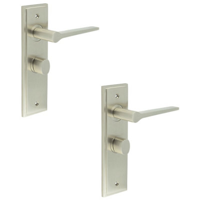 2 PACK Satin Nickel Bathroom Door Handle with Backplate and Turn Release - Solid Brass WC Interior Handle