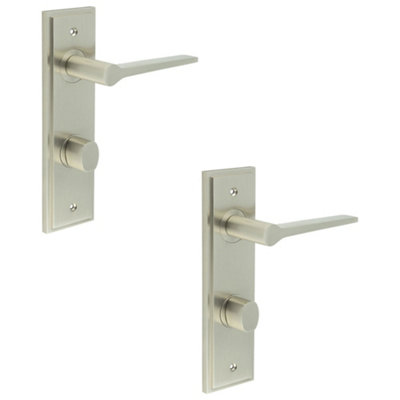2 PACK Satin Nickel Bathroom Door Handle with Backplate - Classic Design and Modern Functionality - Solid Brass Interior Handle