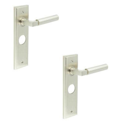 2 PACK Satin Nickel Bathroom Door Handle with Backplate for Modern Homes - Solid Brass Interior Lever