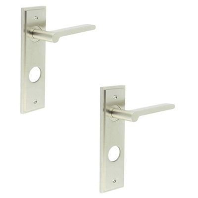 2 PACK Satin Nickel Bathroom Door Handle with Backplate - Solid Brass Interior Handle