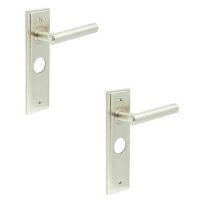 2 PACK Satin Nickel Bathroom Door Handle with Backplate - Solid Brass Interior Lever