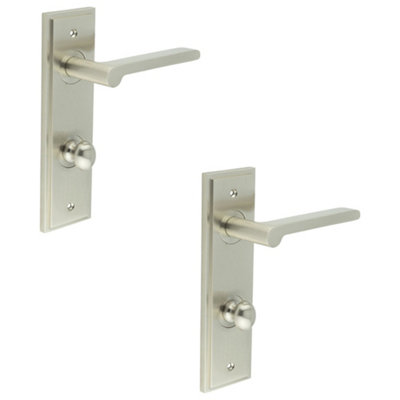2 PACK Satin Nickel Bathroom Door Handle with Backplate & Turn Release - Solid Brass Interior Handle
