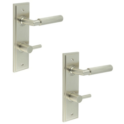 2 PACK Satin Nickel Bathroom Door Handle with Turn & Release Backplate - Solid Brass Interior Handle