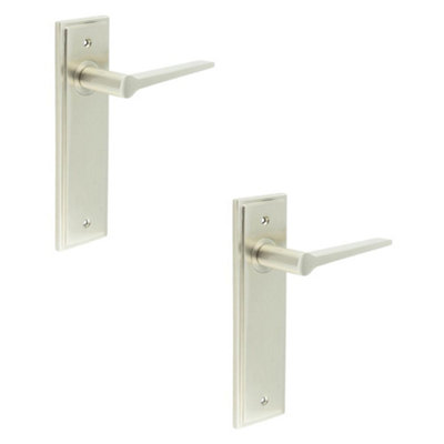 2 PACK Satin Nickel Door Handle Latch Backplate - Modern Brass Design - Solid Brass Interior Handle