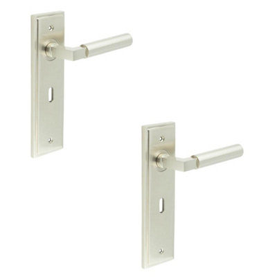 2 PACK Satin Nickel Door Handle Lock Backplate for Modern Homes - Solid Brass Interior Lever