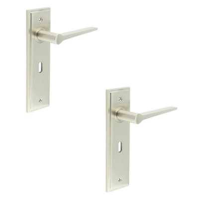 2 PACK Satin Nickel Door Handle Lock Backplate - Modern Brass Lever Design - Solid Brass Interior Handle