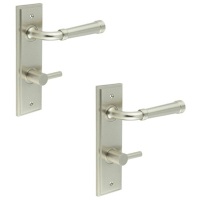 2 PACK Satin Nickel Door Handle with Backplate and Turn Release for Bathrooms - Solid Brass Interior Handle