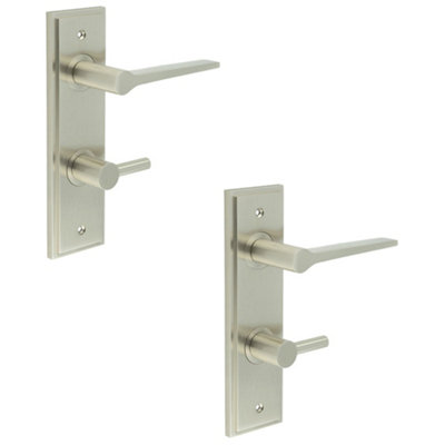 2 PACK Satin Nickel Door Handle with Backplate and Turn Release for Bathrooms - Solid Brass WC Interior Handle