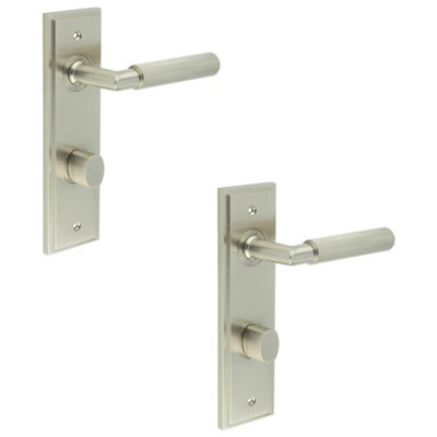 2 PACK Satin Nickel Door Handle with Backplate for Bathroom - Elegant Turn & Release Design - Solid Brass Interior Handle