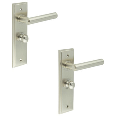 2 PACK Satin Nickel Door Handle with Backplate for Bathrooms - Stylish Turn & Release Design - Solid Brass Interior Lever