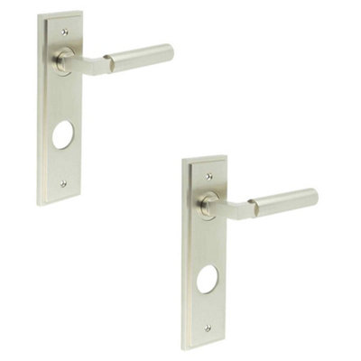 2 PACK Satin Nickel Door Handle with Backplate for Modern Bathrooms - Solid Brass Interior Lever