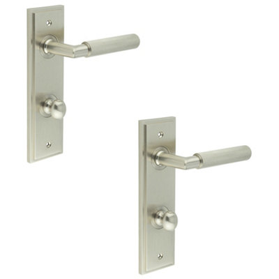 2 PACK Satin Nickel Door Handle with Bathroom Backplate and Turn & Release Mechanism - Solid Brass Interior Handle
