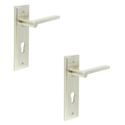 2 PACK Satin Nickel Door Handle with Euro Backplate - Elegant Brass Lever - Solid Brass Interior Handle