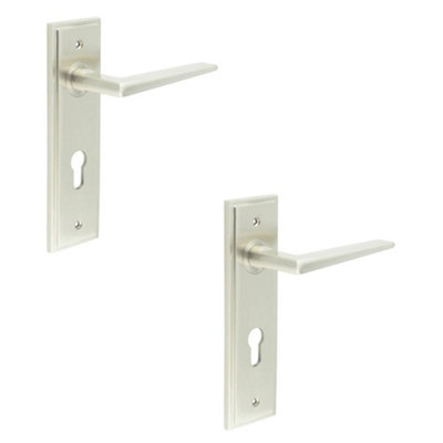 2 PACK Satin Nickel Door Handle with Euro Backplate for Modern Homes - Solid Brass Interior Handle