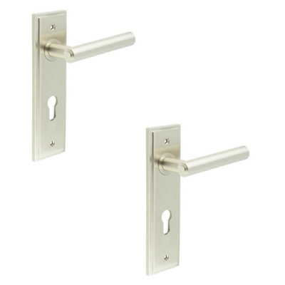 2 PACK Satin Nickel Euro Backplate Door Handle - Elegant Solid Brass Lever - Solid Brass Interior Lever