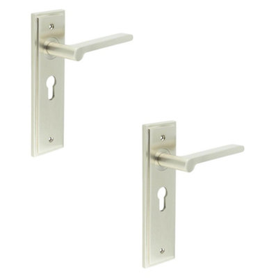 2 PACK Satin Nickel Euro Backplate Door Handle for Elegant Interiors - Solid Brass Interior Handle