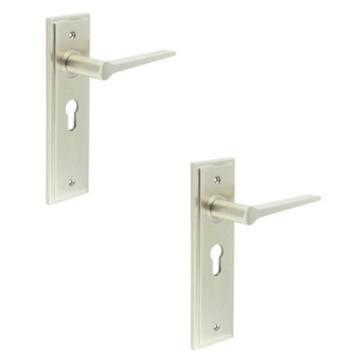 2 PACK Satin Nickel Euro Backplate Door Handle for Modern Homes - Solid Brass Interior Handle