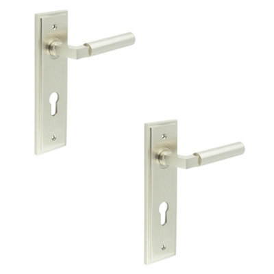 2 PACK Satin Nickel Euro Backplate Door Handle - Stylish Solid Brass Lever - Solid Brass Interior Lever