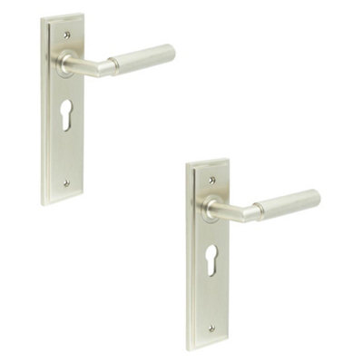 2 PACK Satin Nickel Euro Backplate Door Handle with Luxury Lever - Solid Brass Interior Handle
