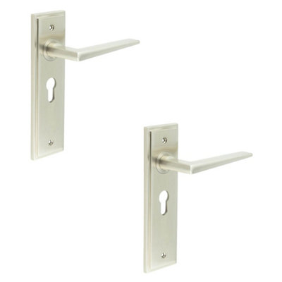 2 PACK Satin Nickel Euro Lock Door Handle with Backplate - Elegant & Durable Design - Solid Brass Interior Handle
