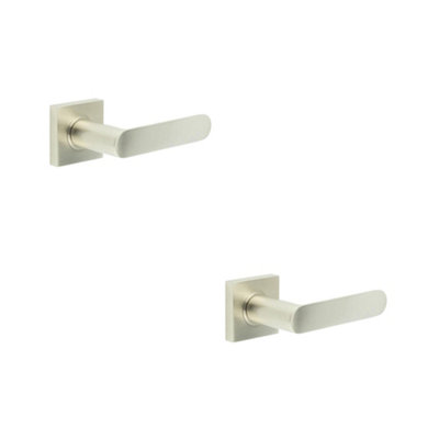2 PACK Satin Nickel Square Door Handle with Plain Rose - Durable Brass Hardware - Solid Brass Interior Handle