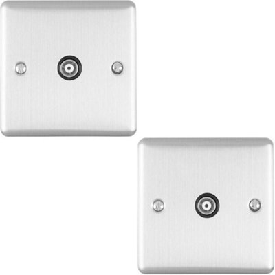 2 PACK SATIN STEEL Single Aerial Coaxial Socket Female Wall Plate Black ...