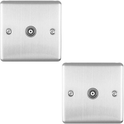 2 PACK SATIN STEEL Single Aerial Coaxial Socket Female Wall Plate Grey Trim