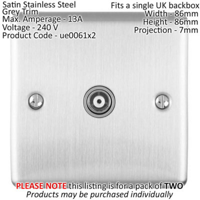 2 PACK SATIN STEEL Single Aerial Coaxial Socket Female Wall Plate Grey Trim
