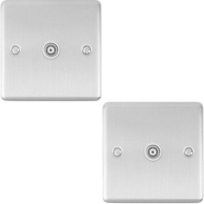 2 PACK SATIN STEEL Single Aerial Coaxial Socket Female Wall Plate White Trim