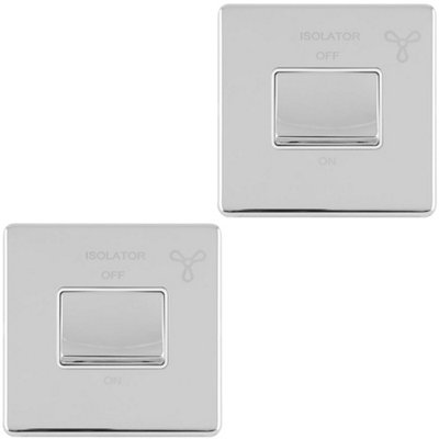 2 PACK SCREWLESS 6A Extractor Fan Isolator Switch POLISHED CHROME 3 Pole Shower
