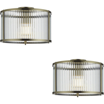 2 PACK Semi Flush Low Ceiling Light - Antique Brass & Clear Ribbed Glass - 10W Max LED E27