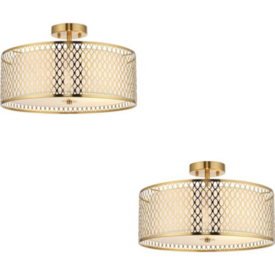 2 PACK Semi Flush Low Ceiling Light - Gold Effect White Fabric & Frosted Glass - 3x 10W Max LED E27